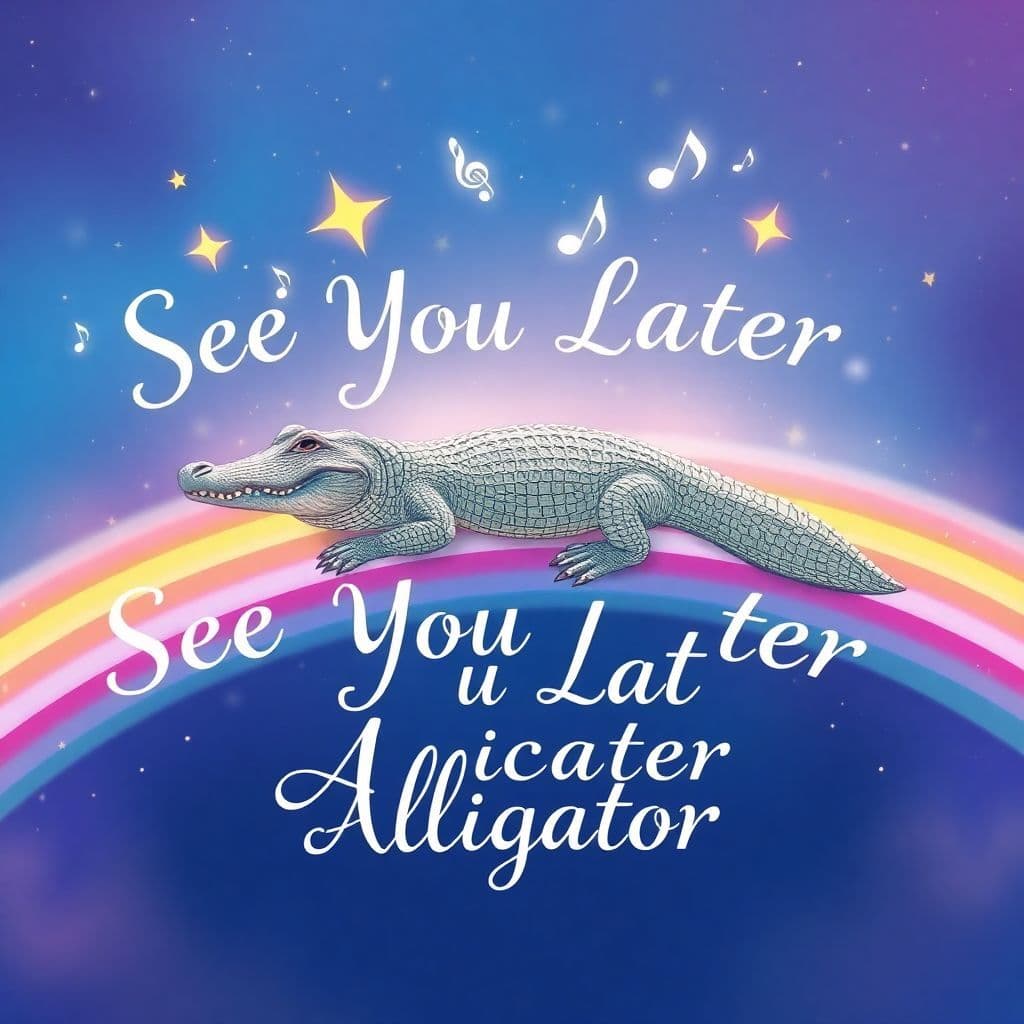 Pop AI Album Cover — A magical and dreamy album cover depicting an alligator lounging on a rainbow, surrounded by shining stars and floating musical notes; the title "See You Later, Alligator" elegantly woven into the design in a bold, fairy-tale font; ethereal lighting, highly detailed, 8k resolution, pastel color palette featuring blues, purples, and soft pinks.
