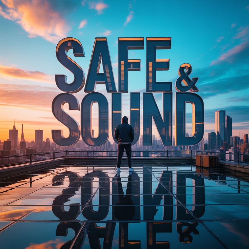 Hip-Hop AI Album Cover — A reflective urban scene featuring a hip-hop artist on a rooftop at sunset; the title 'Safe & Sound' is integrated into the skyline with bold, modern typography, illuminated by warm orange and cool blue hues; highly detailed, photorealistic, uplifting atmosphere, 8k resolution, capturing the essence of tranquility amidst city life.