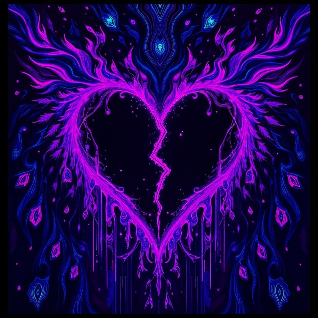 R&B AI Album Cover — A melancholic black light illustration featuring a shattered heart in the center surrounded by ethereal, swirling colors of deep purple and blue; abstract and psychedelic patterns in the background, moody lighting that creates a dreamlike atmosphere, highly detailed with a focus on emotional richness, 8K resolution, perfect for an RnB album titled 'Don't Call Me Back'