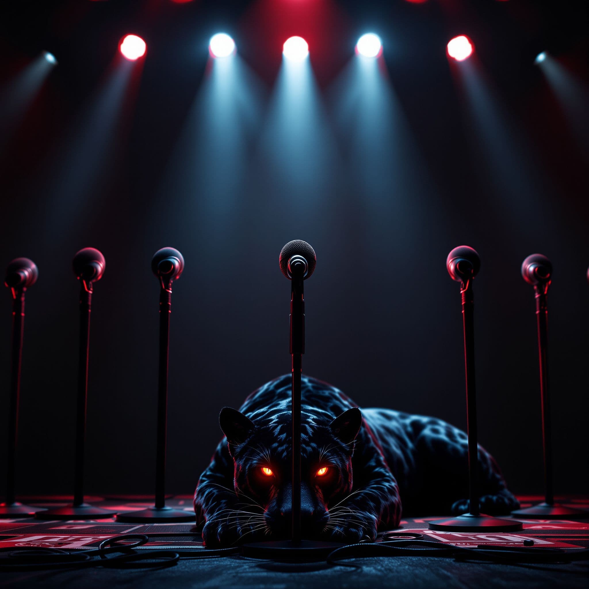 Hip-Hop AI Album Cover — A dramatic concert stage with seven microphones arranged in a row, featuring a black jaguar with glowing crimson eyes resting in front of a matte black microphone; photorealistic details, dynamic spotlighting creates contrast and shadows, 8K resolution, dark and moody atmosphere, deep blacks and reds, cinematic lighting, highly detailed textural quality