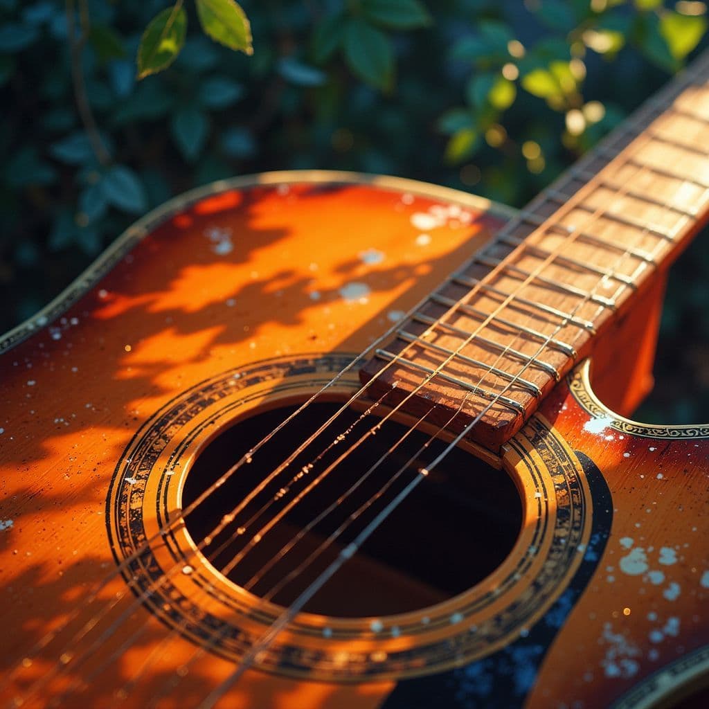 Country AI Album Cover — A close-up illustration of a broken string on an acoustic guitar, styled in Ghibsky's vibrant and dreamy aesthetic; soft, warm lighting creating an ethereal atmosphere, rich earthy tones with hints of blue and green, highly detailed and sharp focus, capturing the melancholy and beauty of country music.