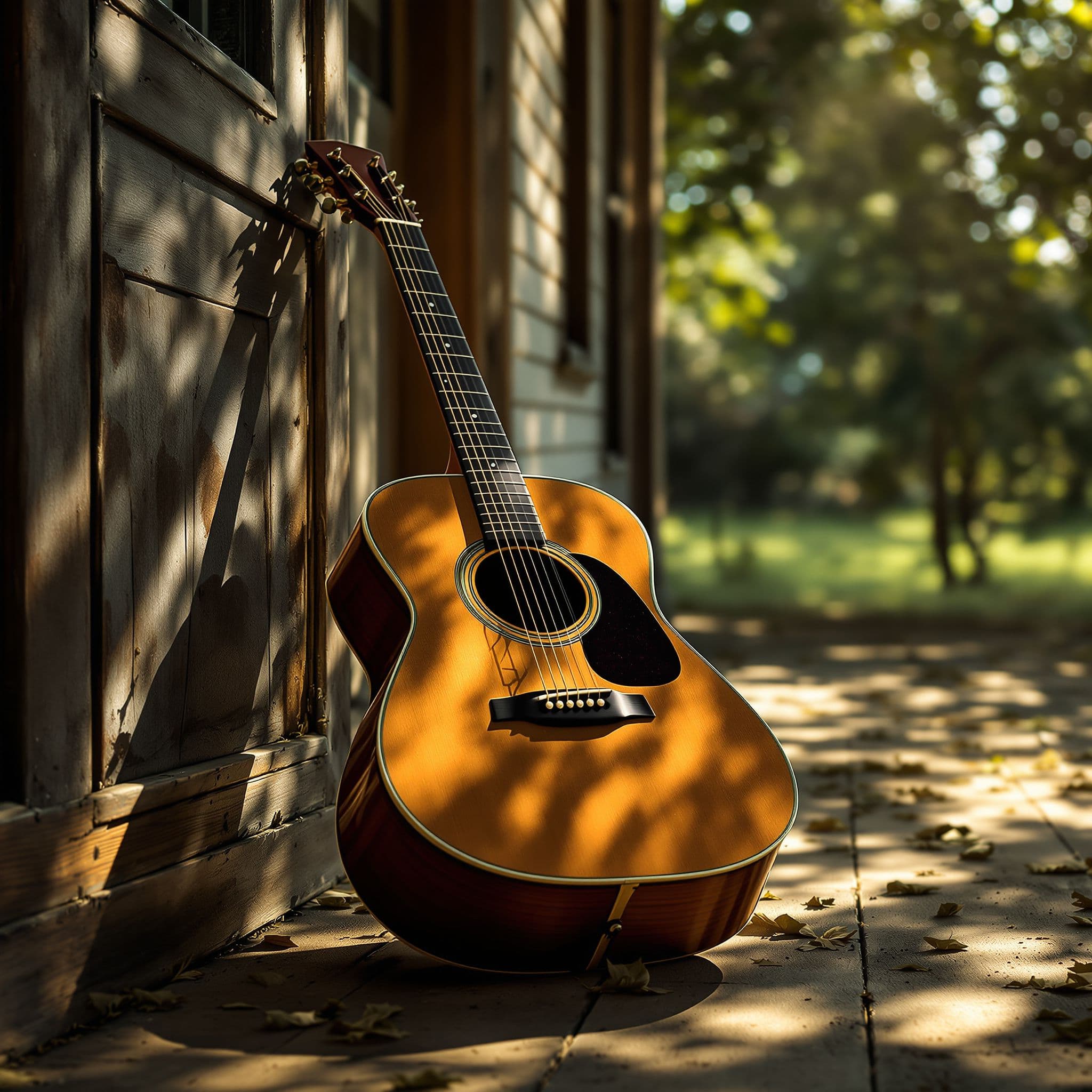 Country AI Album Cover — An atmospheric shot of an acoustic guitar resting on a dusty porch, soft sunlight filtering through leaves, creating dappled shadows; rich browns and greens, focusing on tactile details of wood, evokes a sense of yearning and simplicity in country music, 8k quality