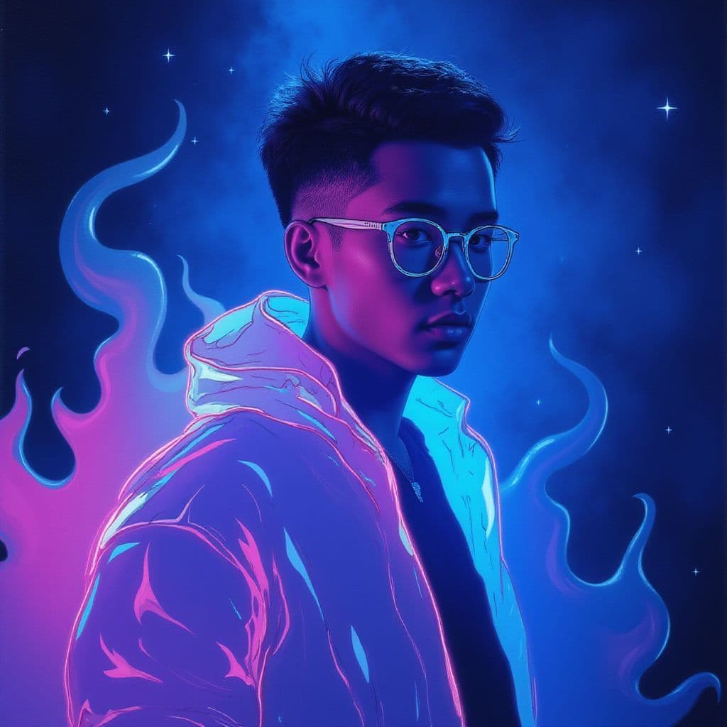 R&B AI Album Cover — A dreamy half-illustrated music cover for 'Shabtab', featuring a figure enveloped in flowing colorful lights, blending realistic and hand-drawn elements, with vibrant hues of blue and purple, ethereal lighting casting soft shadows, highly detailed composition, moody and intimate atmosphere, 8k resolution