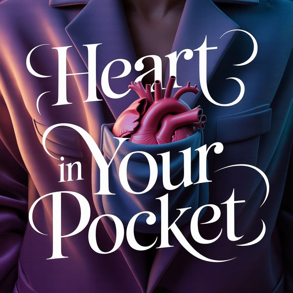 R&B AI Album Cover — A dreamy R&B album cover featuring a surreal illustration of a heart nestled in a pocket, ethereal lighting casting a soft glow; elegant, flowing typography for 'Heart In Your Pocket' integrated into the fabric texture, moody colors like deep purples and blues; highly detailed and atmospheric, 8k resolution, evokes emotion and rhythm