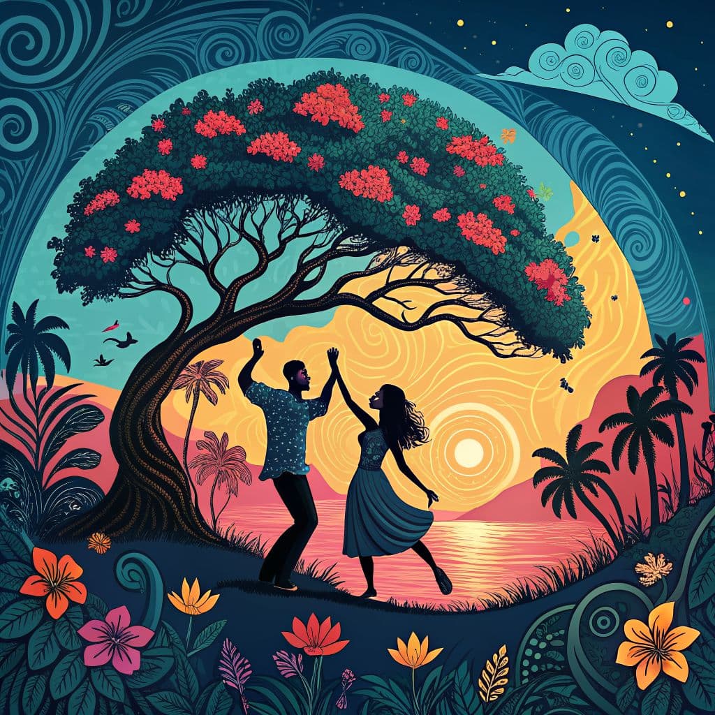 Afrobeat AI Album Cover — A vibrant afrobeat album cover featuring a couple dancing joyfully under a large, colorful tree adorned with tropical flowers; stylized illustration, warm sunset colors contrasting with cool twilight blues; playful composition with swirling patterns, highly detailed, 8k resolution, creating a dreamy and lively atmosphere.
