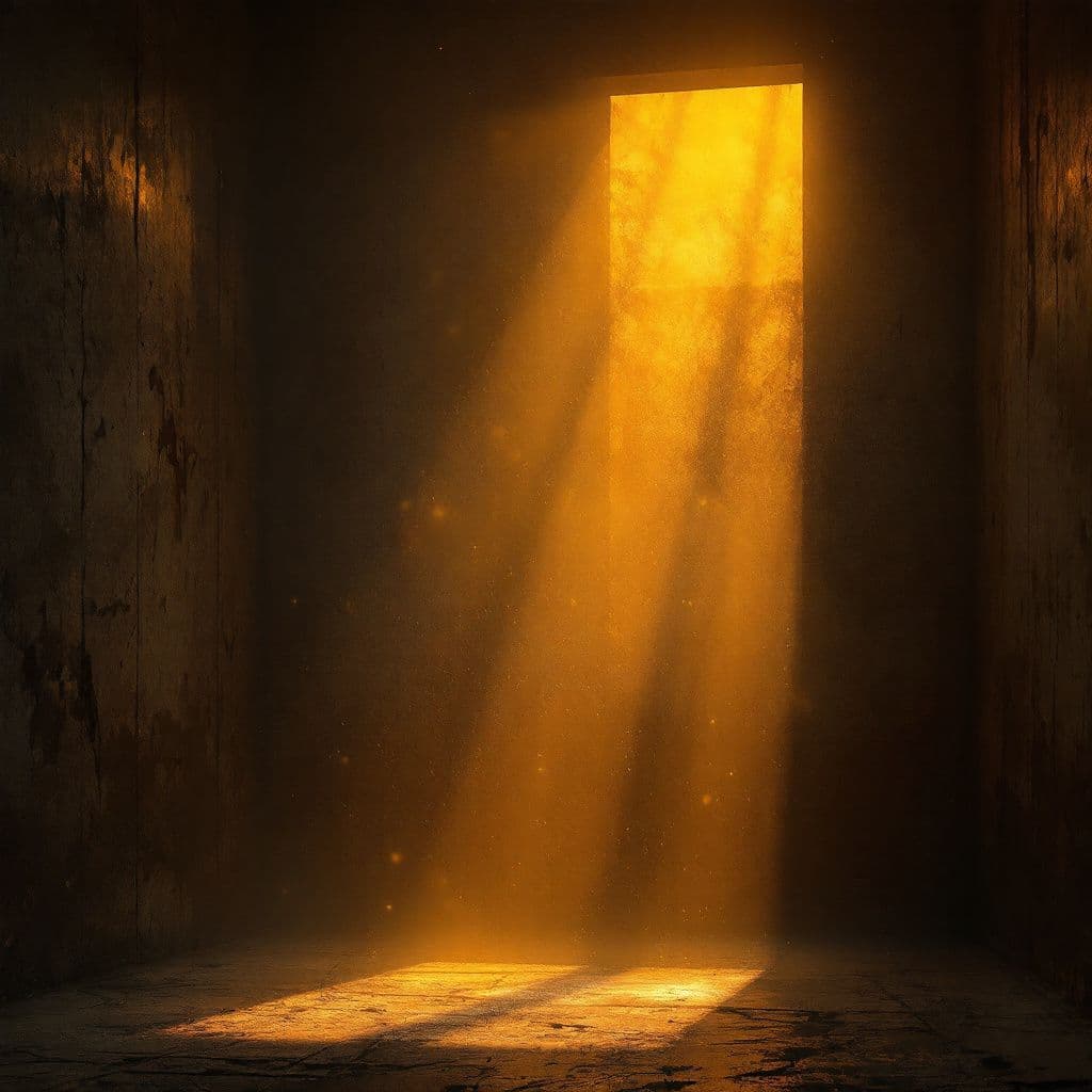 Rock AI Album Cover — A moody rock album cover titled 'The Amber Threshold', featuring a dimly lit room with dust particles dancing in light beams, shadows casting mysterious shapes across the walls; atmospheric lighting, rich amber and deep brown hues, highly detailed, at 8k resolution, evoking nostalgia and introspection, professional quality