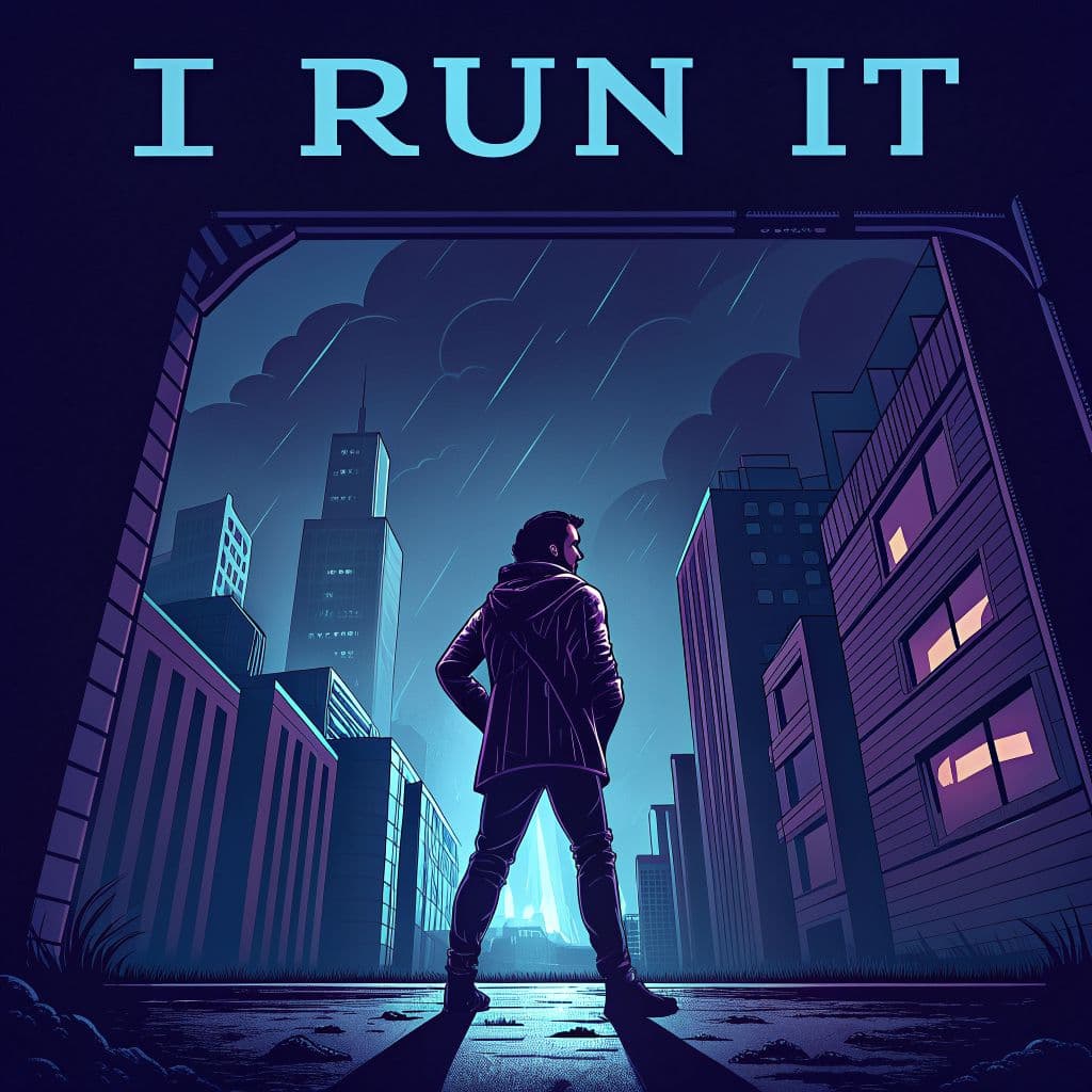 Trap AI Album Cover — A dark, moody album cover for 'I Run It', featuring a confident figure in an urban landscape, illustrated in a stylized, vector art style; deep blues and purples in the color palette, dramatic lighting with neon highlights, highly detailed, atmospheric composition, emphasizing a sense of swagger and mystery.