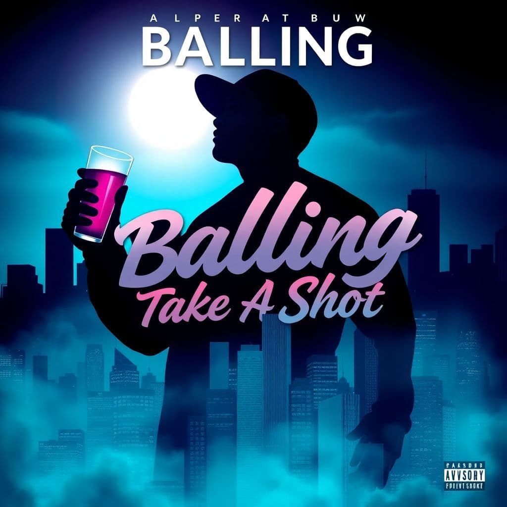 Rap AI Album Cover — An abstract rap album cover with a stylized city skyline under dramatic lighting; a silhouette of a confident rapper holding a drink, the title "Balling Take A Shot" integrated into the skyline in a flowing, dynamic font; cool color palette with blues and purples, moody and cinematic feel, photorealistic quality, intricate details