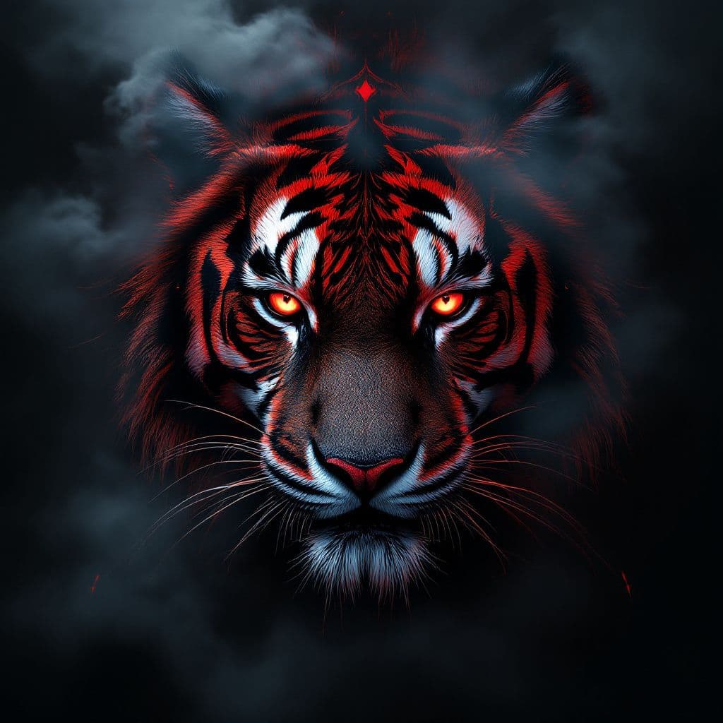 Metal AI Album Cover — A dark metal album cover with a fierce tiger's face, partially obscured by mist and shadows; intense red and black color palette, incorporating elements of tribal patterns; ethereal lighting illuminating the tiger's eyes, creating a haunting yet powerful atmosphere; highly detailed, 8k resolution, professional quality