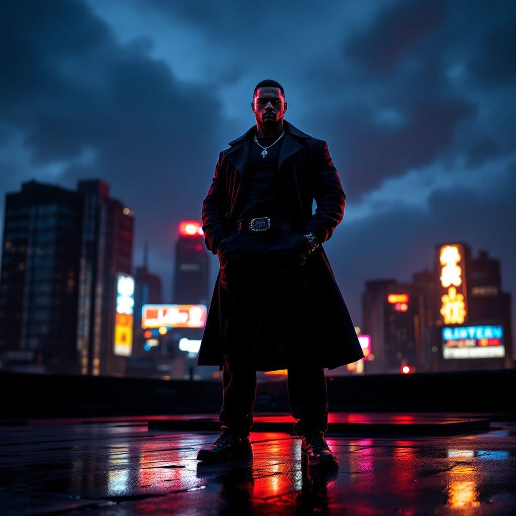 Rap AI Album Cover — A gritty, energetic rap album cover featuring a powerful figure standing confidently on a city rooftop at dusk; dark silhouettes contrasted with vivid neon lights; dynamic angular composition, sharp focus, reflecting determination and swagger, 8k resolution, highly detailed with intense shadows and a cinematic atmosphere.