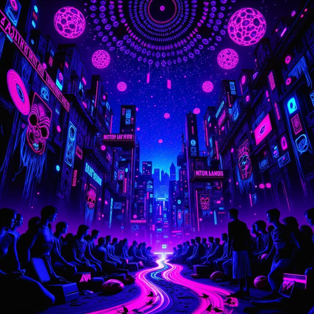 R&B AI Album Cover — A vibrant black light illustration for an RnB album cover, featuring a surreal cityscape with flowing musical notes and waves of color; psychedelic patterns and glowing elements, deep blues, purples, and radiant pinks, ethereal atmosphere, 8k resolution, highly detailed, dreamlike and immersive design.