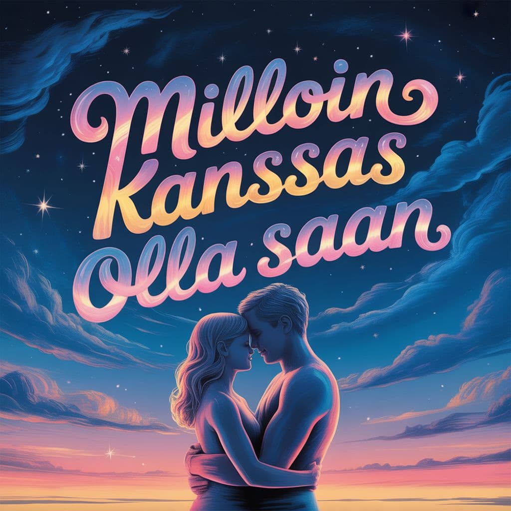 Pop AI Album Cover — A dreamy pop album cover featuring a warm, inviting scene of two silhouettes embracing under a vast, starry sky, each silhouette formed by vibrant, swirling colors; the title 'Milloin kanssas olla saan' integrated as flowing cursive, reflecting the curves of the stars above; highly detailed, ethereal atmosphere, 8k resolution, saturated colors of deep blue, soft pink, and gentle twinkling lights.