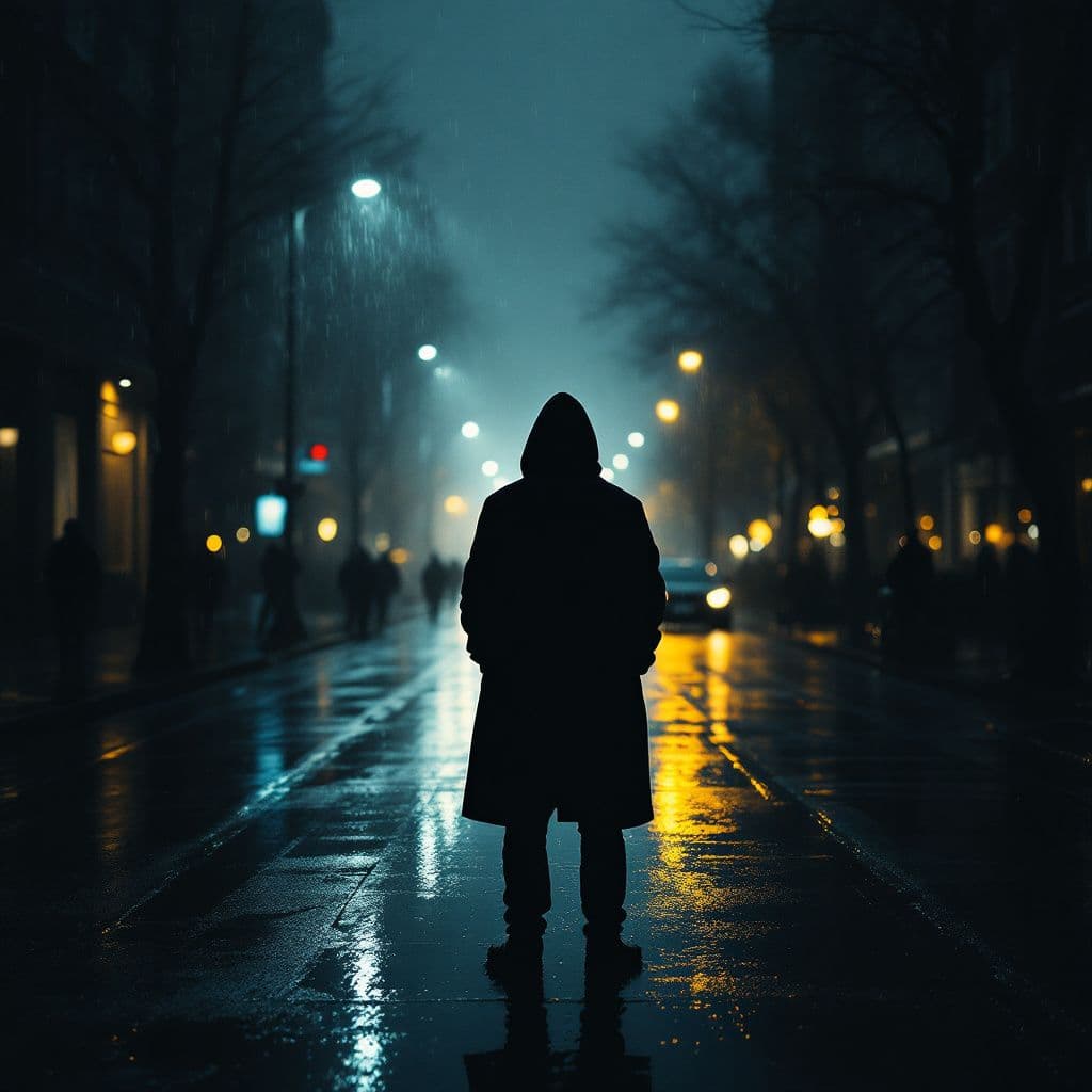 Rap AI Album Cover — A moody urban scene in the rain, featuring a silhouette of a man in black, streetlights reflecting on wet pavement, melancholic atmosphere, ethereal lighting, color palette of grays and blues; highly detailed, cinematic, 8k resolution, capturing resilience and introspection