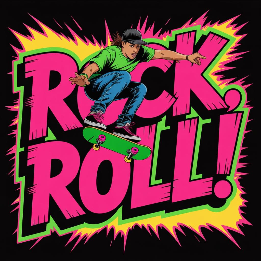 Trap AI Album Cover — A vibrant urban trap album cover featuring a graffiti-style illustration of a skateboarder mid-air, with explosive colors of neon pink, green, and yellow; dynamic typography for the title 'Rock, Roll!' integrated within the graffiti, bold and lively, reflecting the energy of the city; highly detailed, photorealistic, 8k resolution, energetic and edgy atmosphere