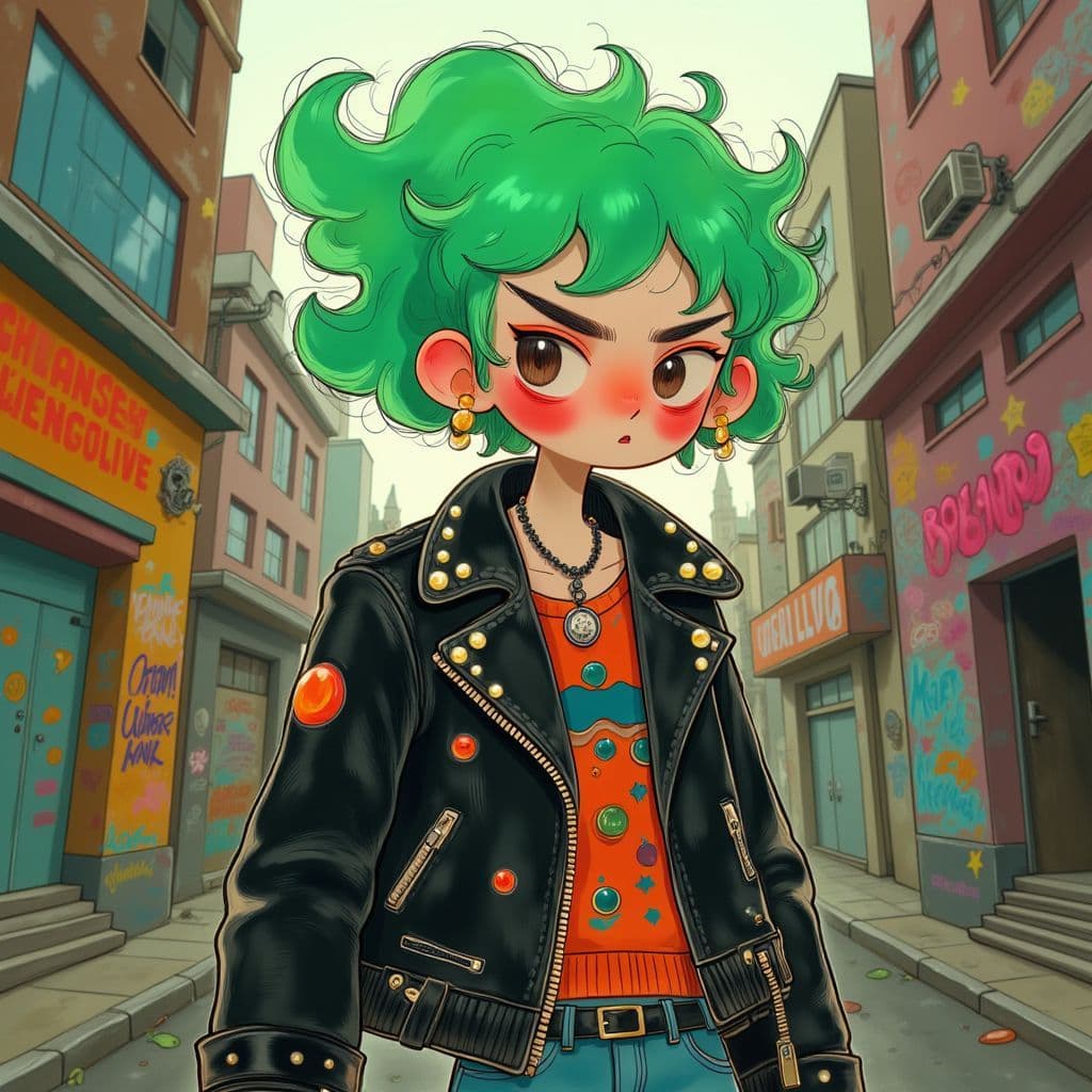 Punk AI Album Cover — A rebellious punk rocker with vibrant green hair, wearing a studded leather jacket, surrounded by graffiti walls in a chaotic urban environment; illustration in a surreal, vibrant style with dramatic lighting, bold contrasting colors, highly detailed, capturing the raw energy of punk culture, 8k resolution