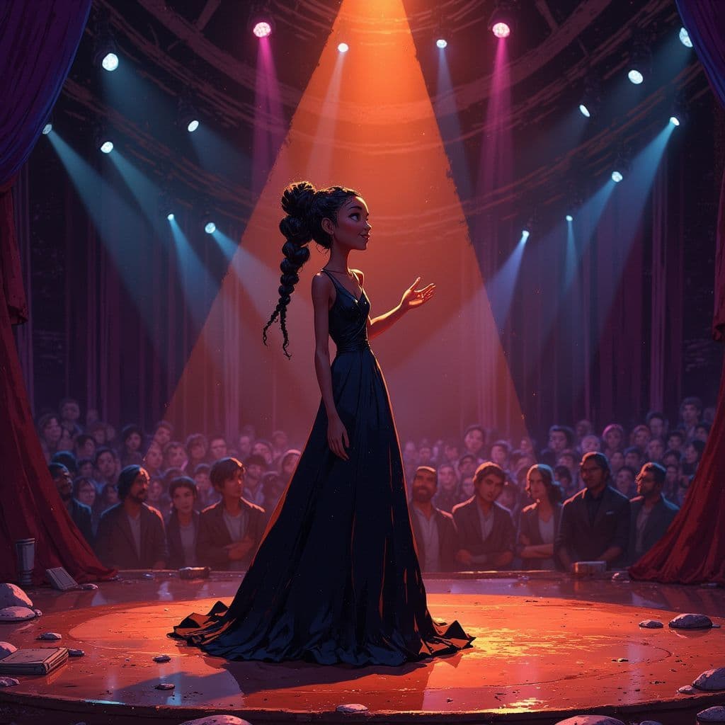 R&B AI Album Cover — A stunning illustration of a beautiful black girl with braided hair, wearing a long black dress, performing on a stage highlighted by a spotlight; ethereal lighting, vibrant colors, cinematic atmosphere, captivating and moody backdrop; highly detailed, 8k resolution, masterful Ghibsky style.