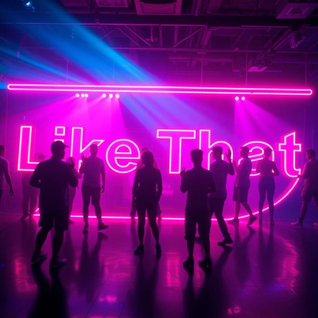 Techno AI Album Cover — A vibrant techno album cover featuring dynamic neon lights swirling around the title "Like That"; abstract visuals of silhouettes dancing in a night club, featuring pink and blue hues, highly detailed, cinematic lighting effects, 8k resolution, energetic and immersive atmosphere