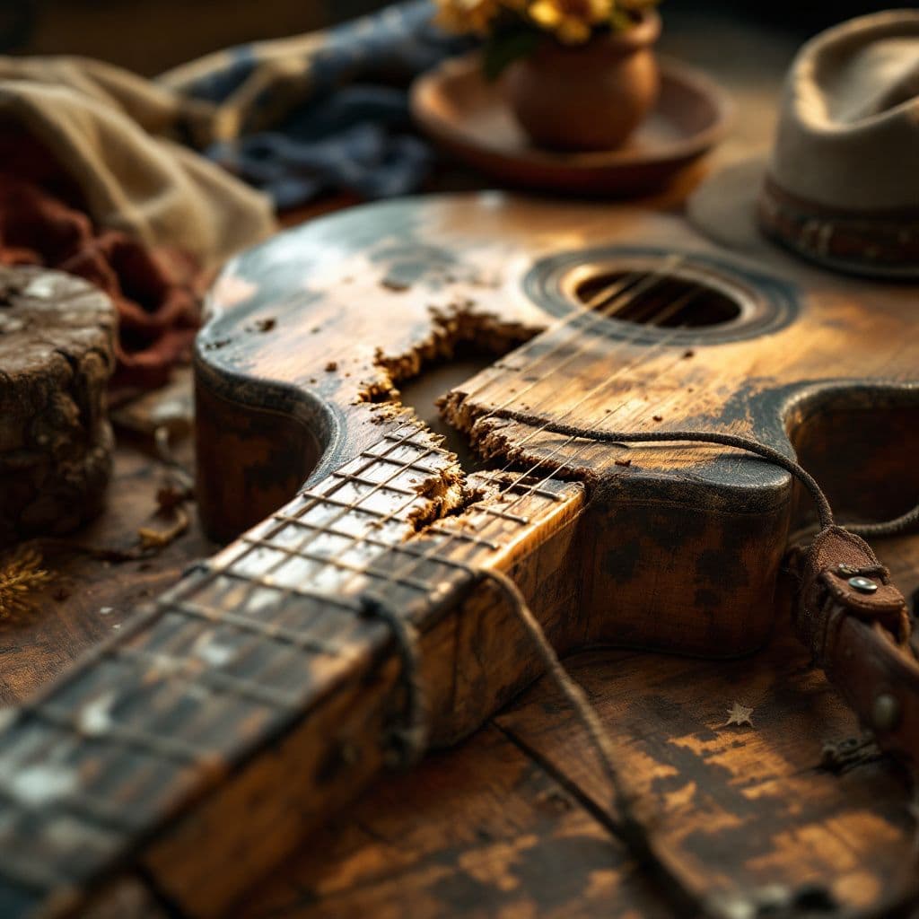 Country AI Album Cover — A close-up of a broken string on an acoustic guitar, surrounded by rustic wooden elements and country-style decorations; warm, earthy colors with soft natural lighting creating an intimate atmosphere, highly detailed, photorealistic, 8k resolution, capturing the essence of heartfelt country music