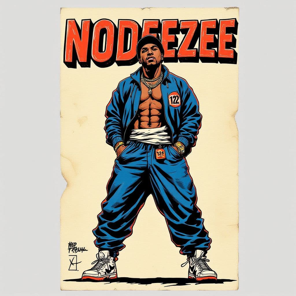 Hip-Hop AI Album Cover — A 1960s Marvel comic book cover art style featuring a hip-hop artist in a heroic pose; wearing classic streetwear and a superhero vibe, 'NODEEZEE' in bold comic font at the top; includes a '12¢' badge, vibrant retro colors, dramatic composition, aged paper texture, detailed ink line work, high contrast, 3000x3000 resolution.