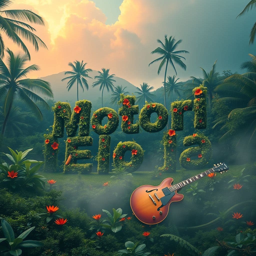 Afrobeat AI Album Cover — A surreal album cover inspired by afrobeat, showcasing a lush tropical landscape with oversized musical instruments blending into the scenery, vibrant hues of orange and green; the title "Motori E lo ja" artistically entwined with nature, moody yet bright lighting, 8k resolution, imaginative and enchanting feel