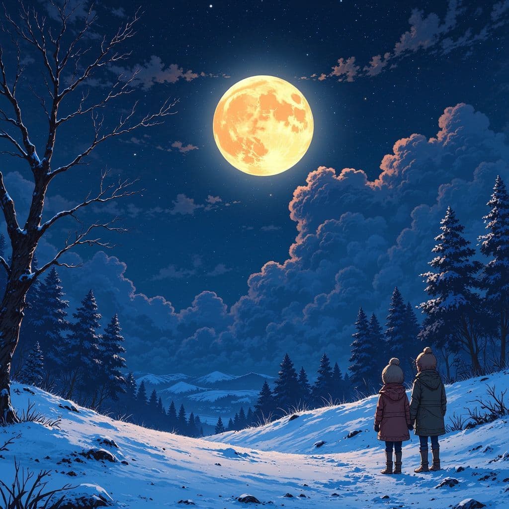 Indie AI Album Cover — An ethereal winter scene depicting two figures standing close beneath a glowing moon, surrounded by softly falling snowflakes; dreamy color palette of blues and silvers, highly detailed with a Ghibsky illustration style, capturing warmth in the cold night; intimate and atmospheric feel, 8k resolution