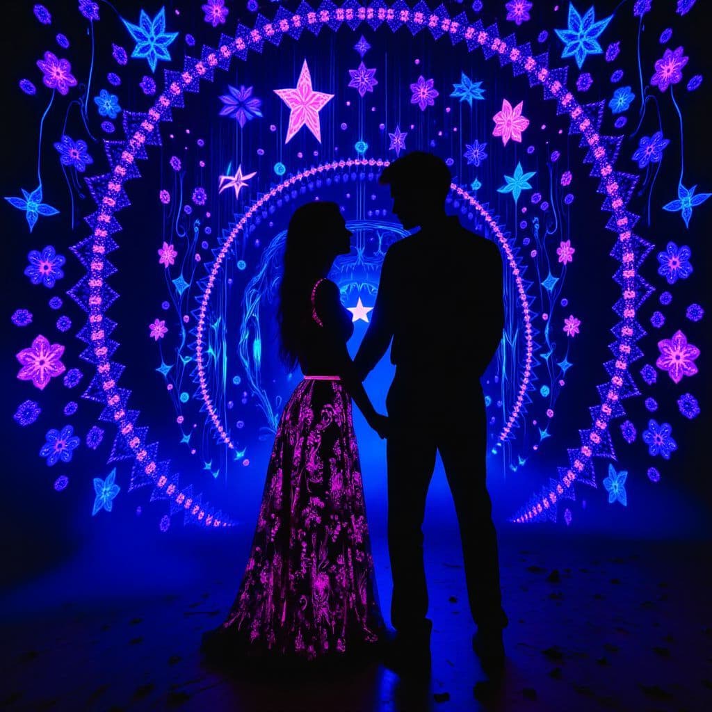 R&B AI Album Cover — A dreamy surreal album cover, featuring an ethereal silhouette of a couple dancing under a mesmerizing black light; luminescent floral patterns surrounding them, vibrant blues and purples dominating the color palette, highly detailed, moody atmosphere, soft glowing effects, 8k resolution.