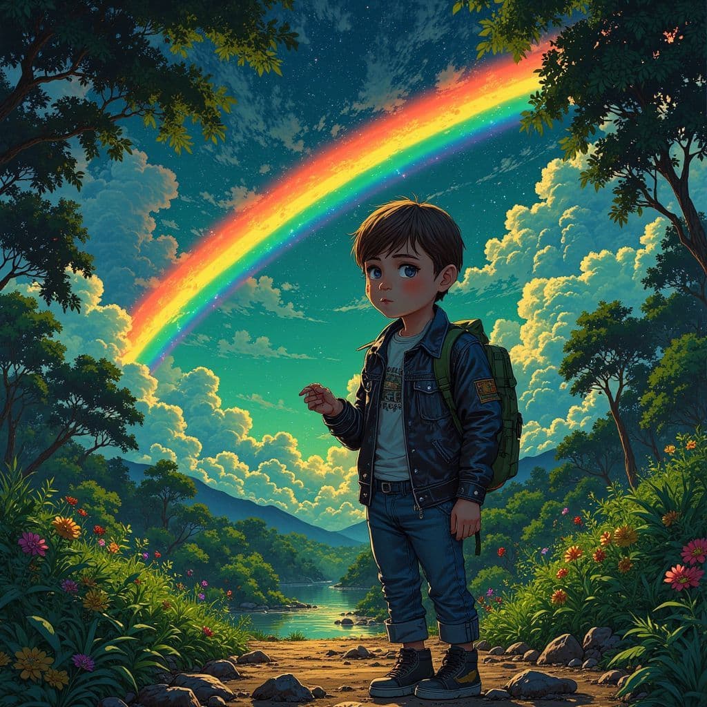 R&B AI Album Cover — A hyper-detailed illustration for an RnB album cover featuring a young boy with soulful eyes in an oversized leather jacket, surrounded by lush Dhorpatan jungle, a glowing rainbow and a cosmic sky; vivid greens, dramatic lighting, and surreal elements like a vintage cassette tape and a glowing caterpillar, 8k resolution, highly emotional and atmospheric