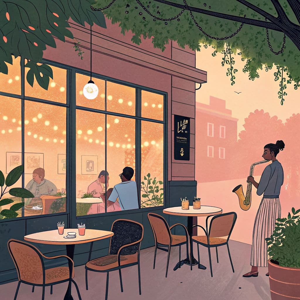 Lo-Fi AI Album Cover — A warm, inviting scene of a jazz cafe in summer, illustrated in a lo-fi style with pastel colors; cozy tables, a saxophonist playing softly by a window; dreamy lighting, soft shadows, vibrant greenery outside, highly detailed vector art, relaxed atmospheric feel, 8k resolution