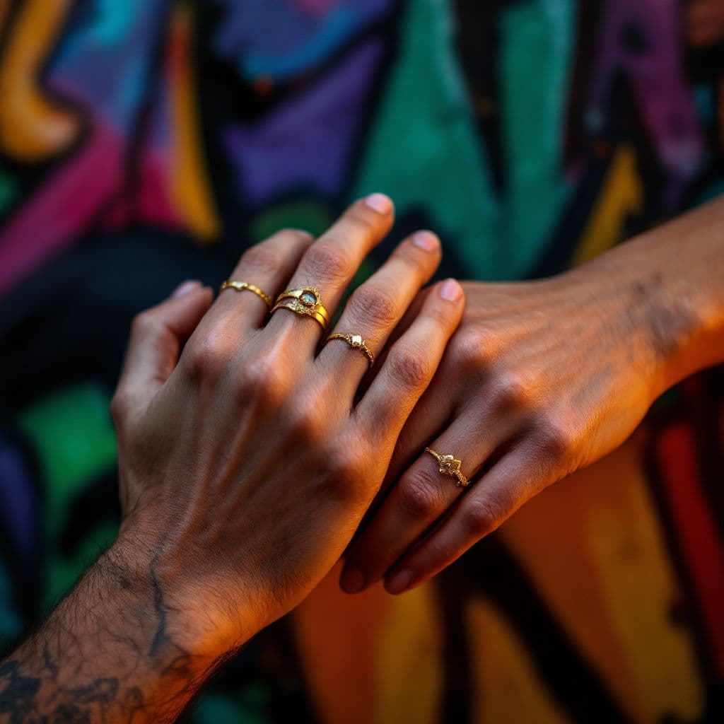 Rap AI Album Cover — A romantic hip hop album cover featuring a close-up of two hands intertwined with gold jewelry, set against a vibrant urban graffiti wall; colorful visual style, moody lighting with a warm golden glow, high contrast, 8k resolution, highly detailed textures, professional quality, capturing love and connection.