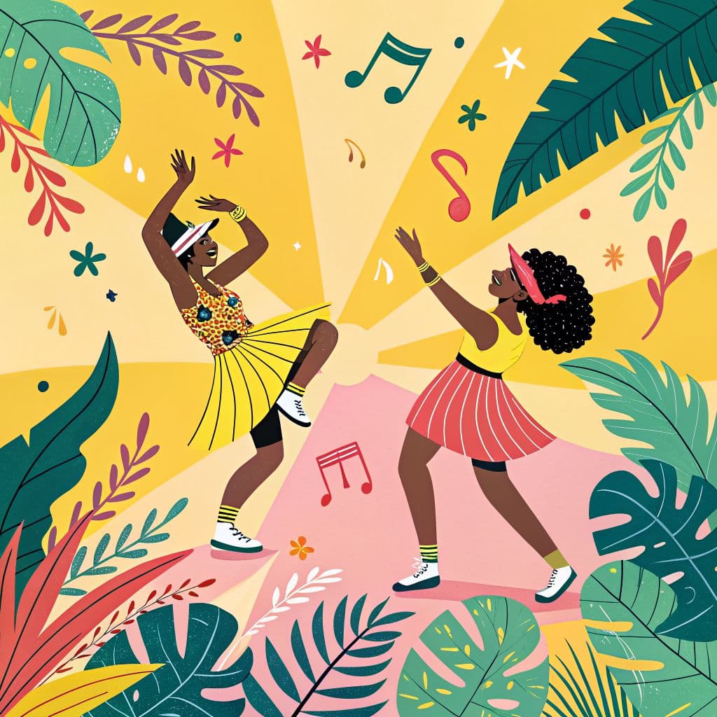 Funk AI Album Cover — A vibrant, animated-style cover featuring lively dancers in colorful outfits, surrounded by tropical leaves and musical notes; a psychedelic color palette with vivid yellows, greens, and pinks, playful composition with dynamic poses, high energy, highly detailed vector art, 8k resolution, celebrating the joy of Brazilian funk, bright lighting and an upbeat atmosphere