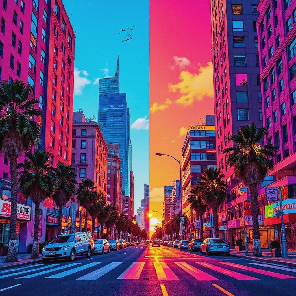 Trap AI Album Cover — A dynamic album cover for 'Rock, Roll!' featuring a vibrant urban street scene divided between a hand-drawn graffiti mural and a realistic cityscape at sunset; neon colors like electric blue and hot pink blend with warm orange, energetic atmosphere with detailed textures, photorealistic edges and sketch-like elements, 8k resolution