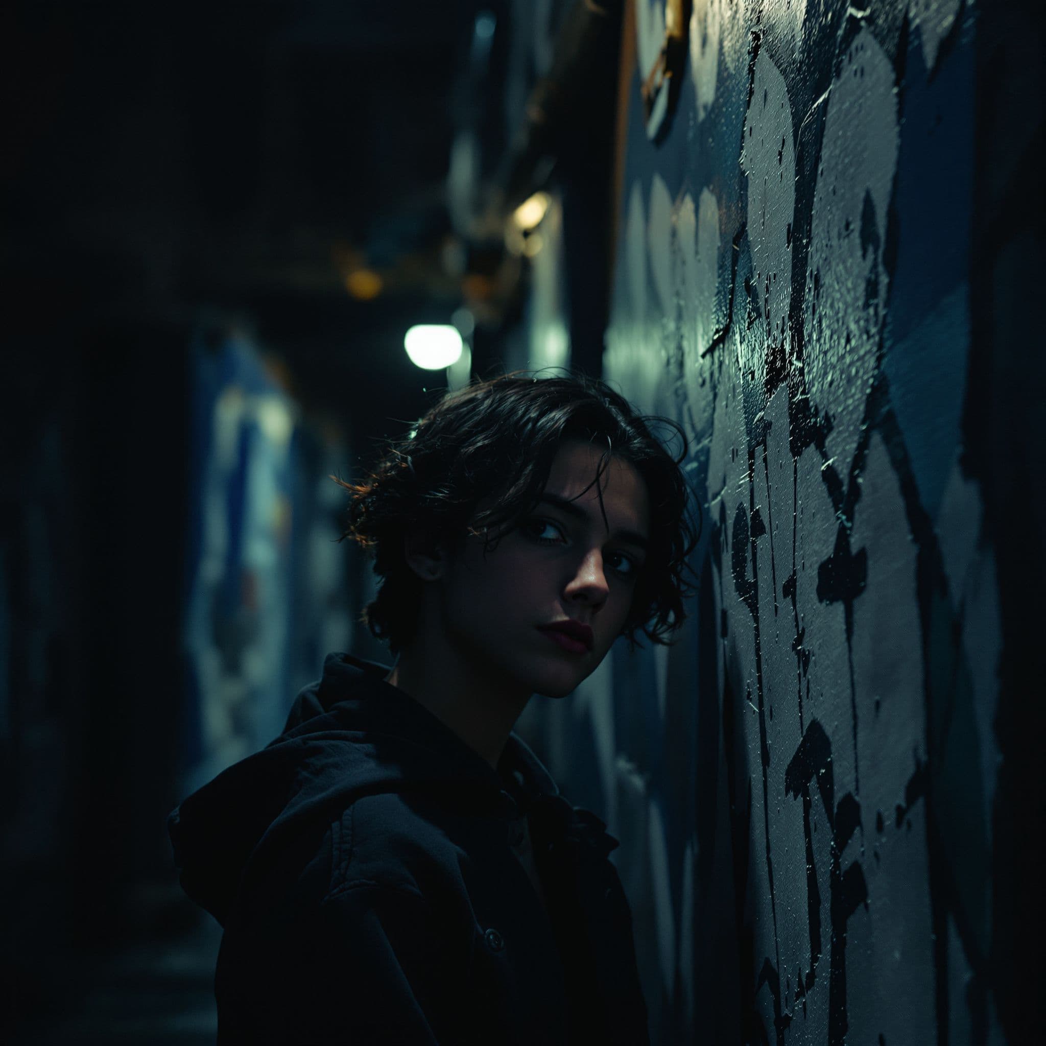 Hip-Hop AI Album Cover — A close-up of a contemplative young artist standing in a dimly lit urban alley, captured in photorealistic detail, dramatic lighting illuminating their face and a mural behind, a reflective expression on their face; deep blues and muted grays create a somber mood, high quality, 8k resolution, evocative and emotional atmosphere.