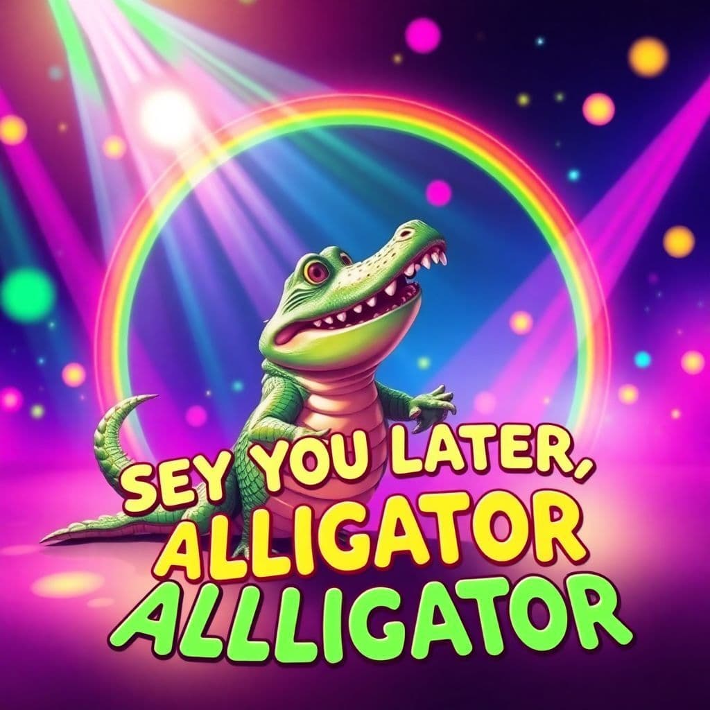 Pop AI Album Cover — A whimsical, vibrant album cover featuring a playful alligator in a colorful disco setting, surrounded by rainbow lights, the title "See You Later, Alligator" integrated into the design with funky typography; psychedelic style, highly detailed, 8k resolution, joyful atmosphere, bright colors like pink, green, and yellow.