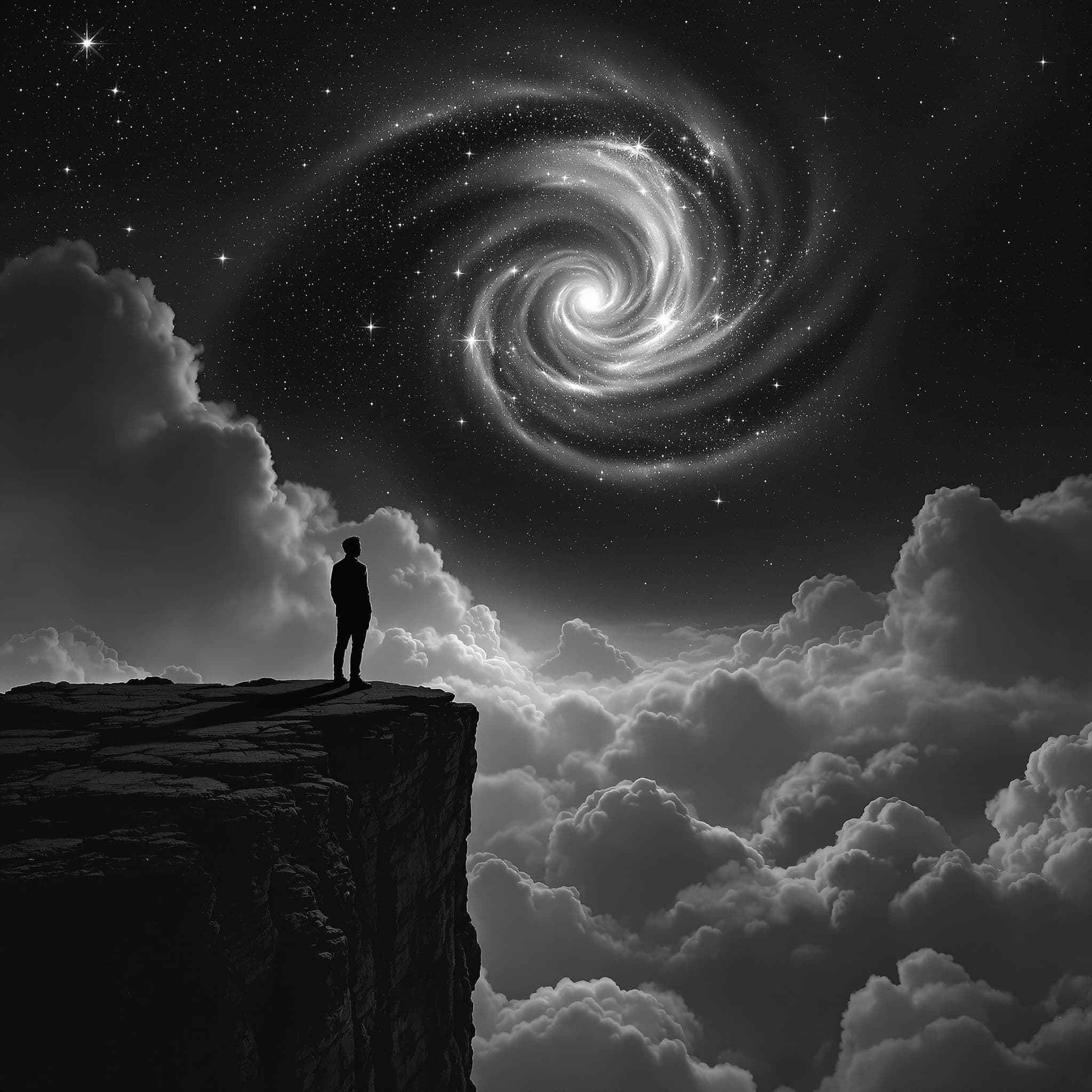 Rock AI Album Cover — A moody black and white album cover depicting a silhouetted figure standing on a cliff, gazing at a swirling galaxy in a star-filled night sky; dramatic lighting highlights the contours of the figure, soft clouds enhance the ethereal atmosphere, hyper-realistic textures, highly detailed, 8k resolution