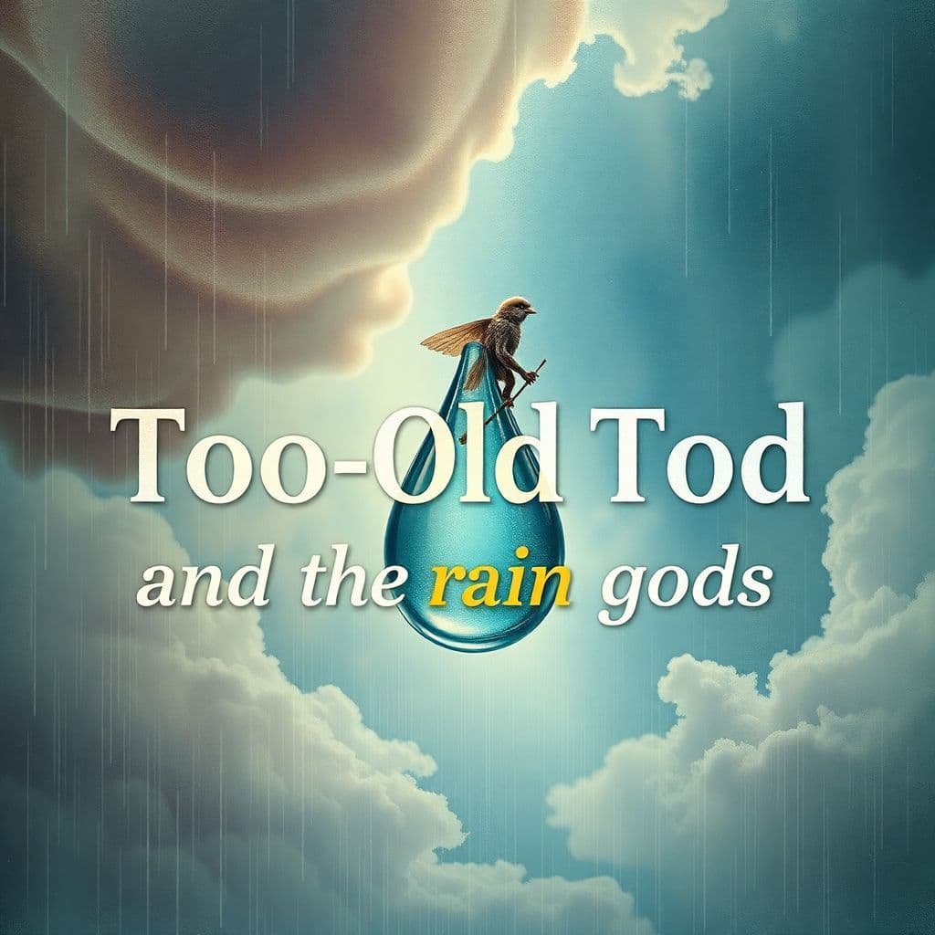 Pop AI Album Cover — A surreal album cover with 'Too-Old Tod' perched on a giant raindrop, watercolor-like textures, and swirling clouds; the title 'Too-Old Tod and the rAIn gods' artistically blended into the background with soft, pastel tones; cinematic lighting, highly detailed, 8k resolution.