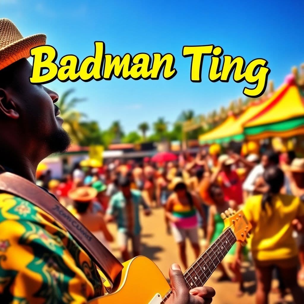 Reggae AI Album Cover — A vibrant reggae album cover featuring a close-up of a musician playing a guitar amidst a colorful outdoor festival with lively dancers; the title "Badman Ting" seamlessly integrated in bold, tropical font above the scene, sunny atmosphere with bright yellows and greens, high detail, photorealistic quality, capturing the joyful spirit of reggae music