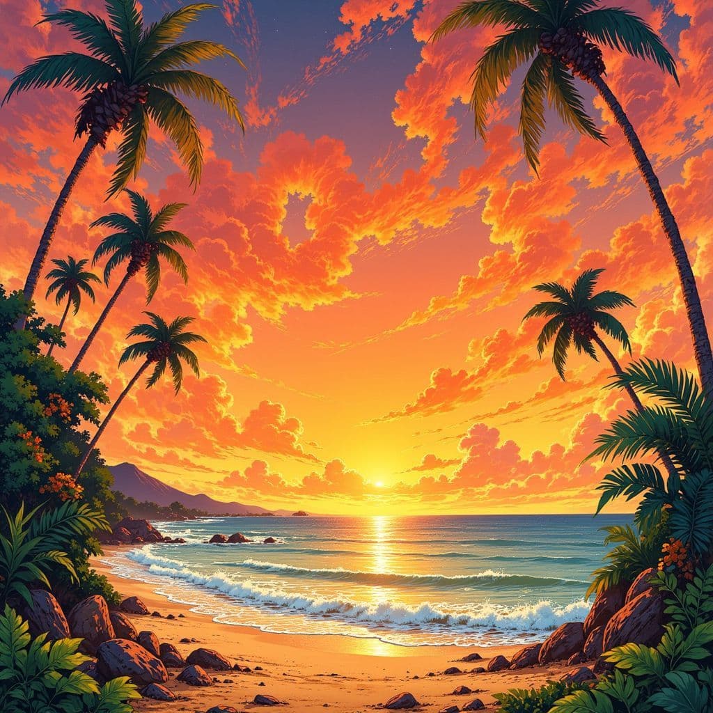 Reggae AI Album Cover — A vibrant Ghibsky-style illustration for a reggae album cover, featuring a joyful scene of a sun setting over a lush beach with palm trees swaying gently; warm oranges and greens with flowing lines, an ethereal, dreamy atmosphere, high-quality detail, 8k resolution, capturing the essence of 'True Joy'