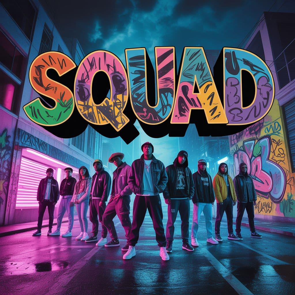 Trap AI Album Cover — A vibrant trap album cover featuring a dynamic squad of diverse individuals in an urban landscape, graffiti art surrounds them; the title 'Squad' integrated into the street art style, bold neon colors and sharp contrasts, cinematic lighting with a moody atmosphere, highly detailed and photorealistic, 8k resolution