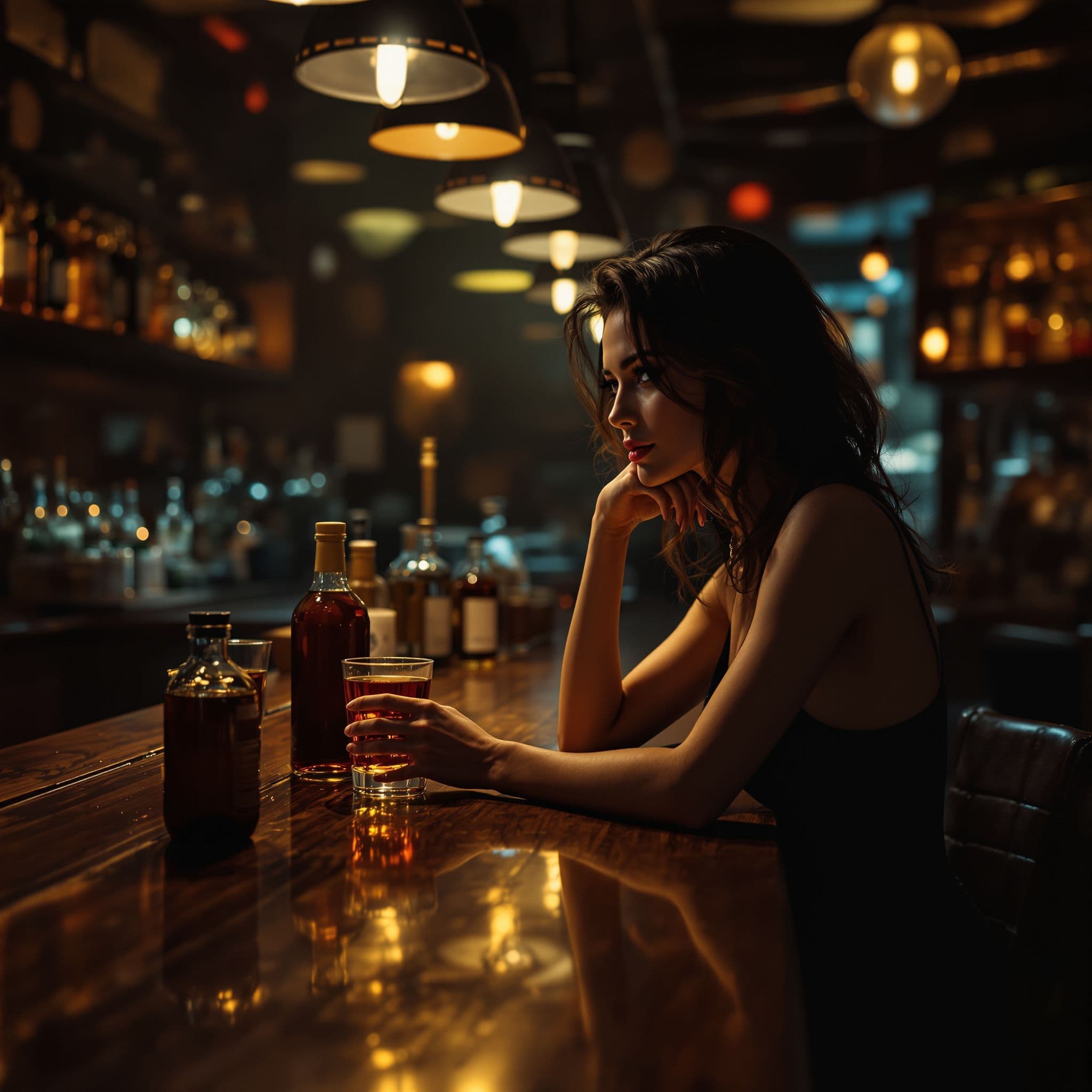 Country AI Album Cover — A photorealistic album cover featuring a woman sitting alone at a rustic bar, gently illuminated by warm, moody lighting; close-up shot emphasizing her contemplative expression and a glass in hand, rich amber hues from the drinks reflecting off the polished wood, depth of field highlighting bar elements behind her; nostalgic and inviting atmosphere, highly detailed, 8k resolution