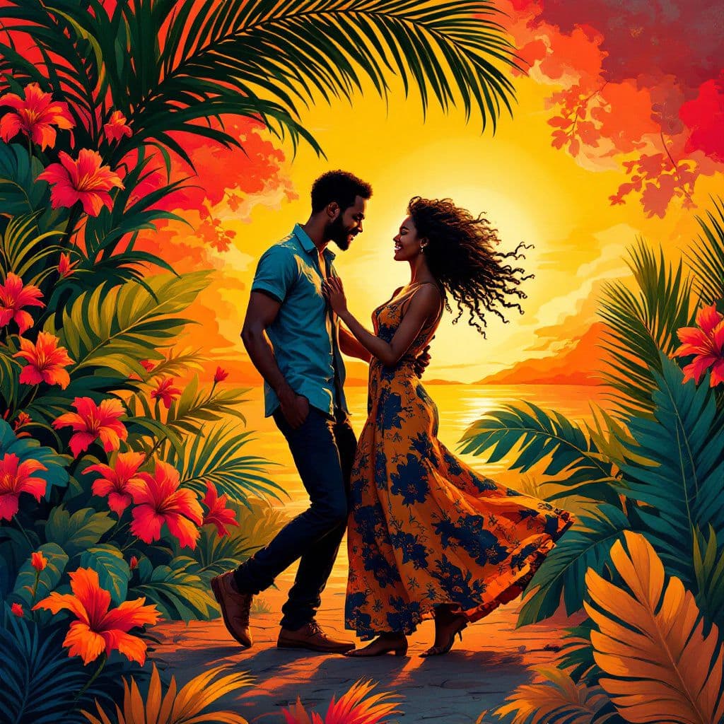 Afrobeat AI Album Cover — A vibrant afrobeat album cover featuring a couple dancing joyfully under warm sunset lighting, tropical foliage and abstract patterns in the background; rich earthy tones blended with bright, lively colors, highly detailed textures, capturing the essence of love and celebration, 8k resolution, photorealistic quality