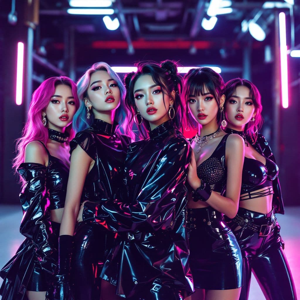 Dance AI Album Cover — A vibrant K-pop girl group album cover featuring six charismatic young female members in futuristic, Y2K-inspired fashion with metallic accents, posed in an industrial studio; cinematic club-like lighting, neon colors, glossed skin, and styled hair, high-quality photorealistic detail, sharp focus, 8k resolution