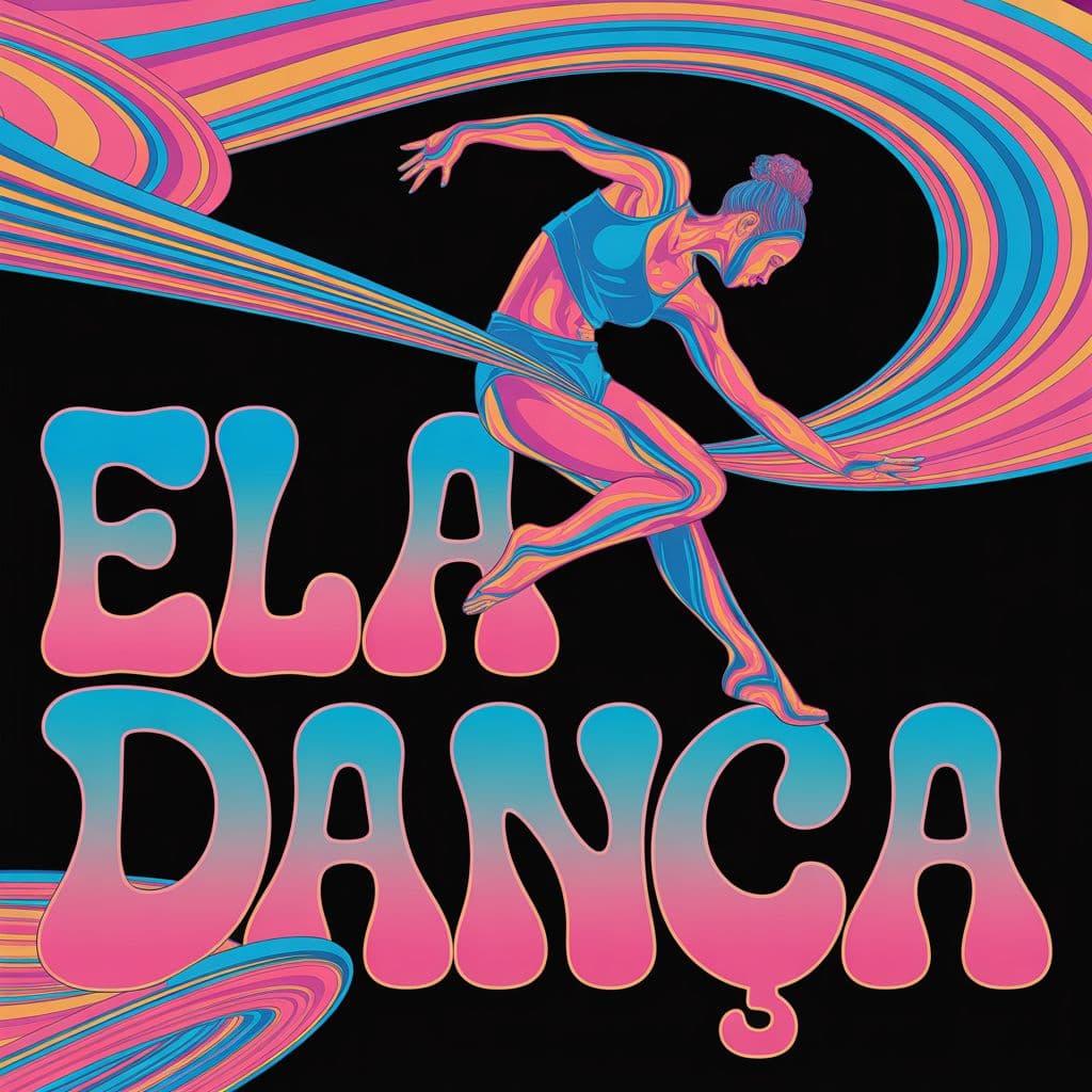 Funk AI Album Cover — A vibrant, psychedelic album cover for 'ELA DANÇA', featuring a dynamic dancer in mid-movement with colorful swirls around them. The title is integrated in bold, flowing typography, resembling dance movements, in a mix of electric blues and hot pinks, 8k resolution, highly detailed, lively atmosphere.
