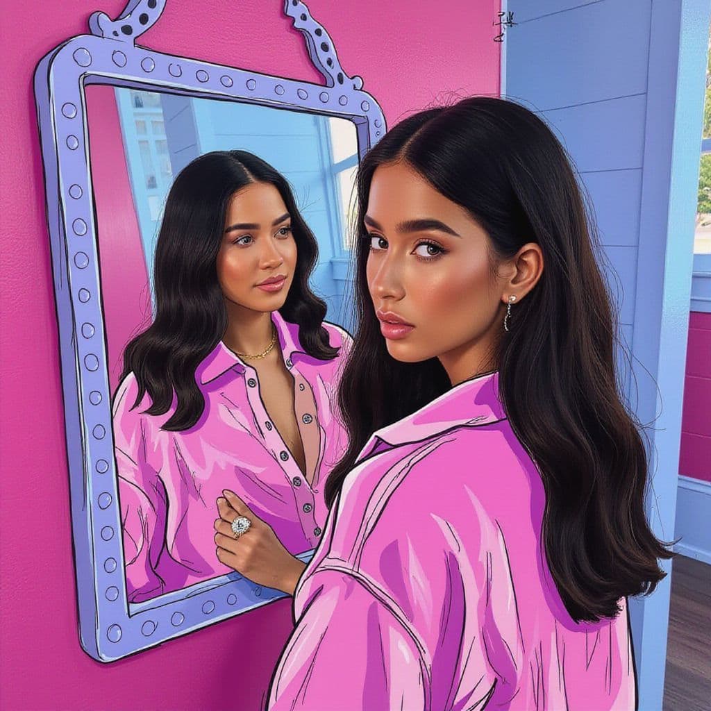 Pop AI Album Cover — A whimsical half-illustration, half-photo album cover for 'First Date Fever'; featuring a young woman gazing into a mirror with glossy lips, dressed in trendy blue jeans, vibrant colors with pink and blue accents, playful atmosphere, warm lighting, dreamy and ethereal mood, 8k resolution, hand-drawn elements blended with realistic textures.