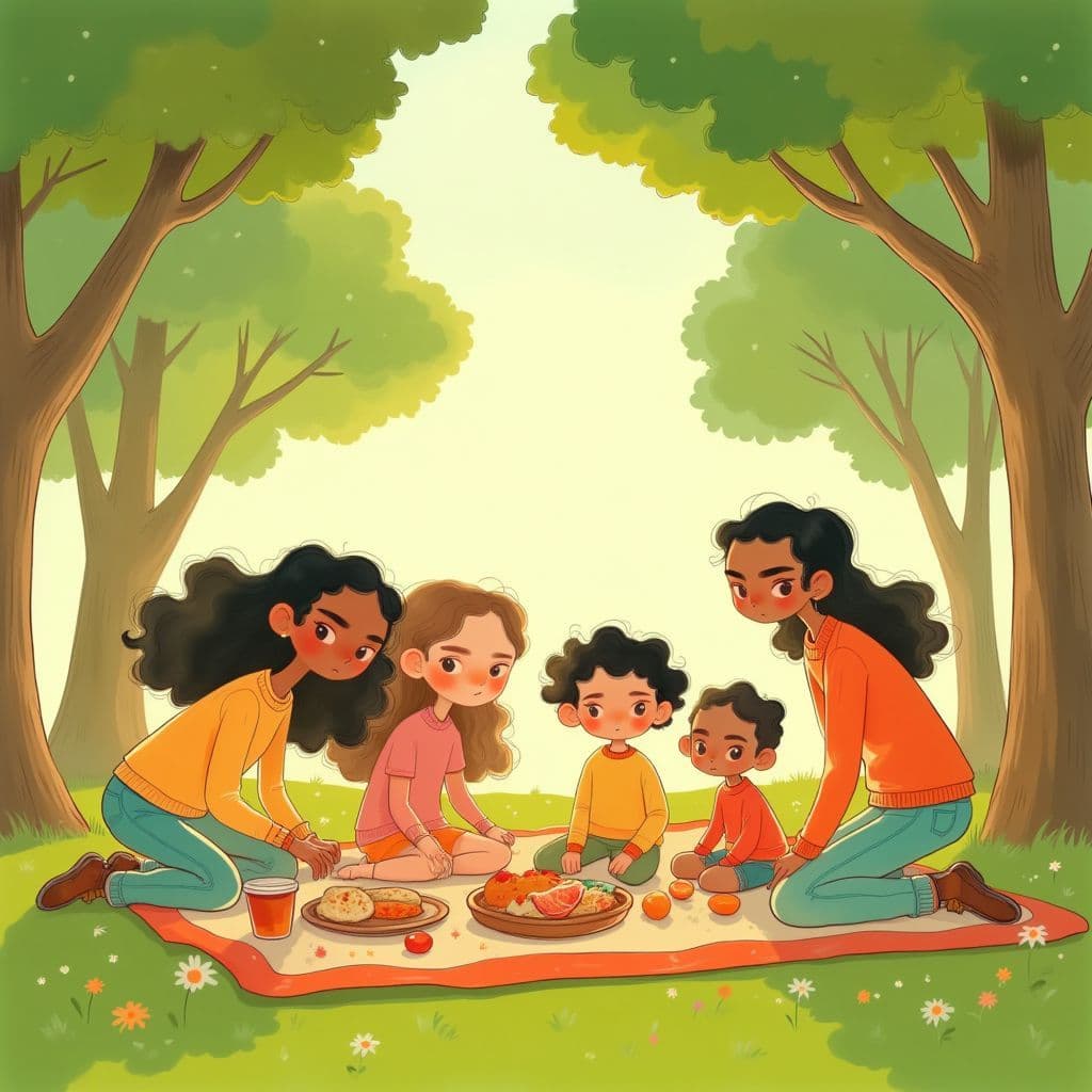 Hip-Hop AI Album Cover — A warm, whimsical hip-hop album cover featuring a happy family gathered around a picnic in a sunny park; vibrant colors with cartoonish characters, lush green trees and soft, glowing sunlight, playful and joyful atmosphere, whimsical illustration style, highly detailed, 8k resolution