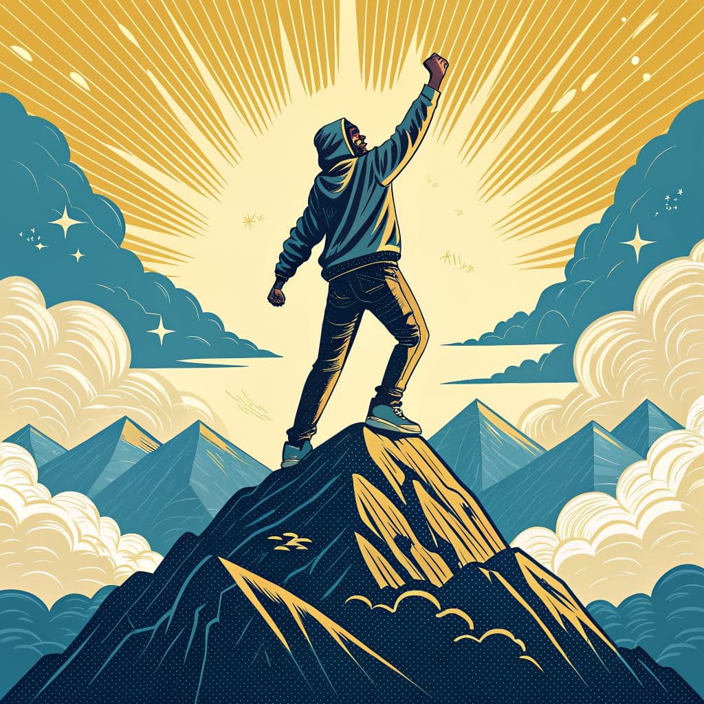Hip-Hop AI Album Cover — A dynamic illustration of a victorious hip-hop artist standing triumphantly on a mountain peak, vibrant colors of gold and blue, stylized vector art with energetic lines and bold patterns, sunny atmosphere with rays of light breaking through clouds, capturing resilience and triumph, highly detailed, 8k resolution, perfect for an indie hip-hop vibe.
