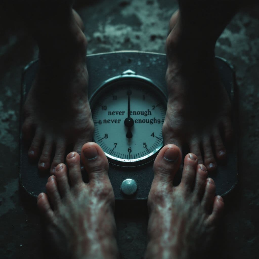 Soundtrack AI Album Cover — A highly detailed, close-up image of feet standing on a vintage weight scale, with the numbers displaying 'never enough' in an elegant serif font; moody and atmospheric lighting, soft shadows, muted color palette with hints of teal and gray, photorealistic style, evokes feelings of introspection and longing, 8k resolution
