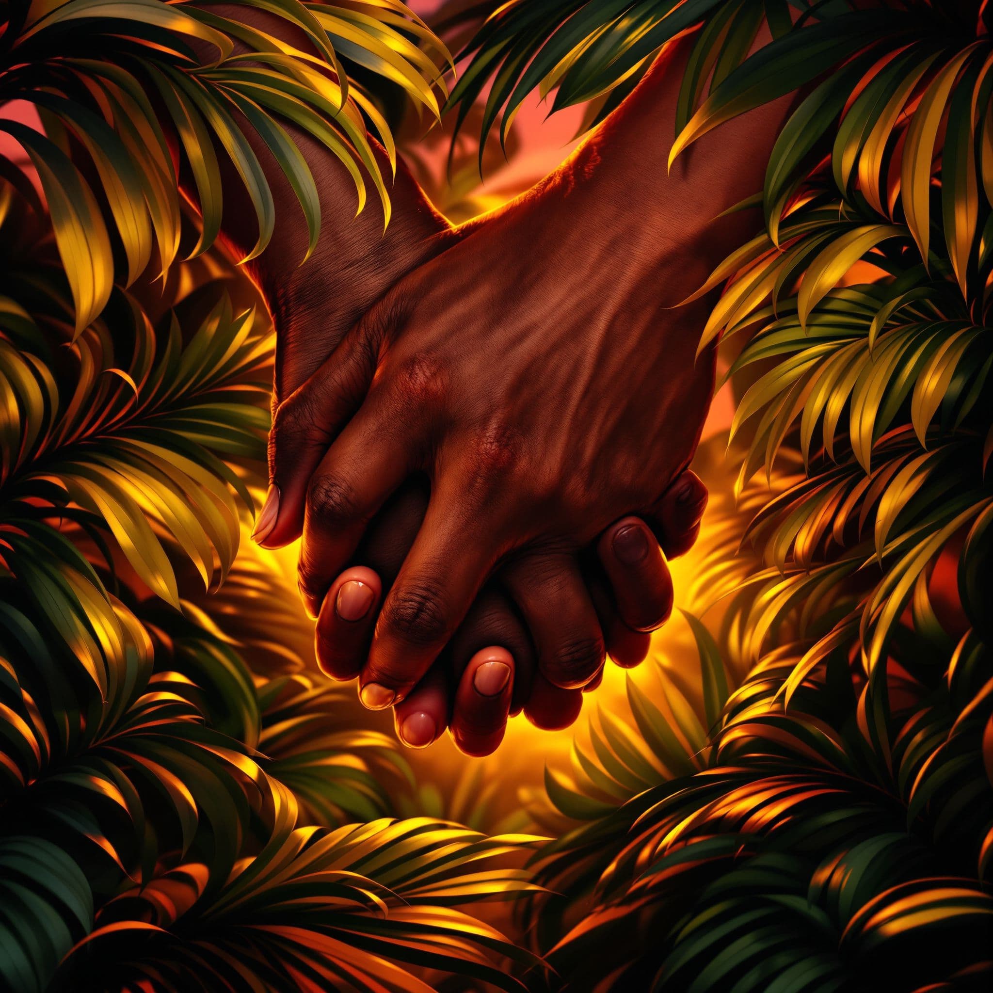 Afrobeat AI Album Cover — A vibrant afrobeat album cover featuring a close-up of two hands intertwined surrounded by lush tropical foliage, dramatic lighting highlighting their skin tones, warm sunset colors blending with deep greens, highly detailed and photorealistic composition, capturing intimacy and connection, 8k resolution, dynamic atmosphere