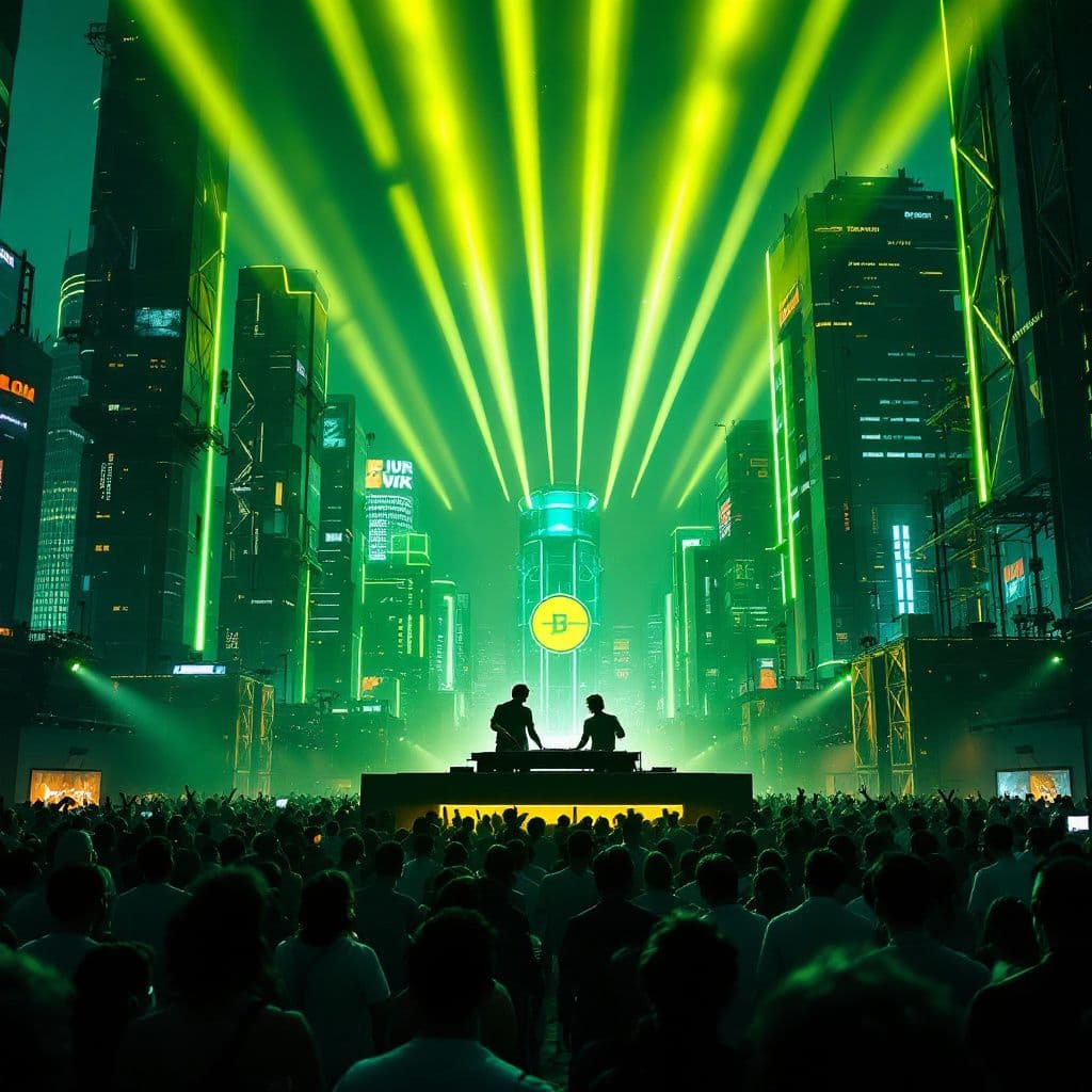 House AI Album Cover — A surreal representation of a vibrant city skyline with dynamic light trails and the title "flux schnell" hovering above; vivid, energetic colors and a bustling, lively atmosphere, conveying excitement and anticipation, professional quality, 8k resolution