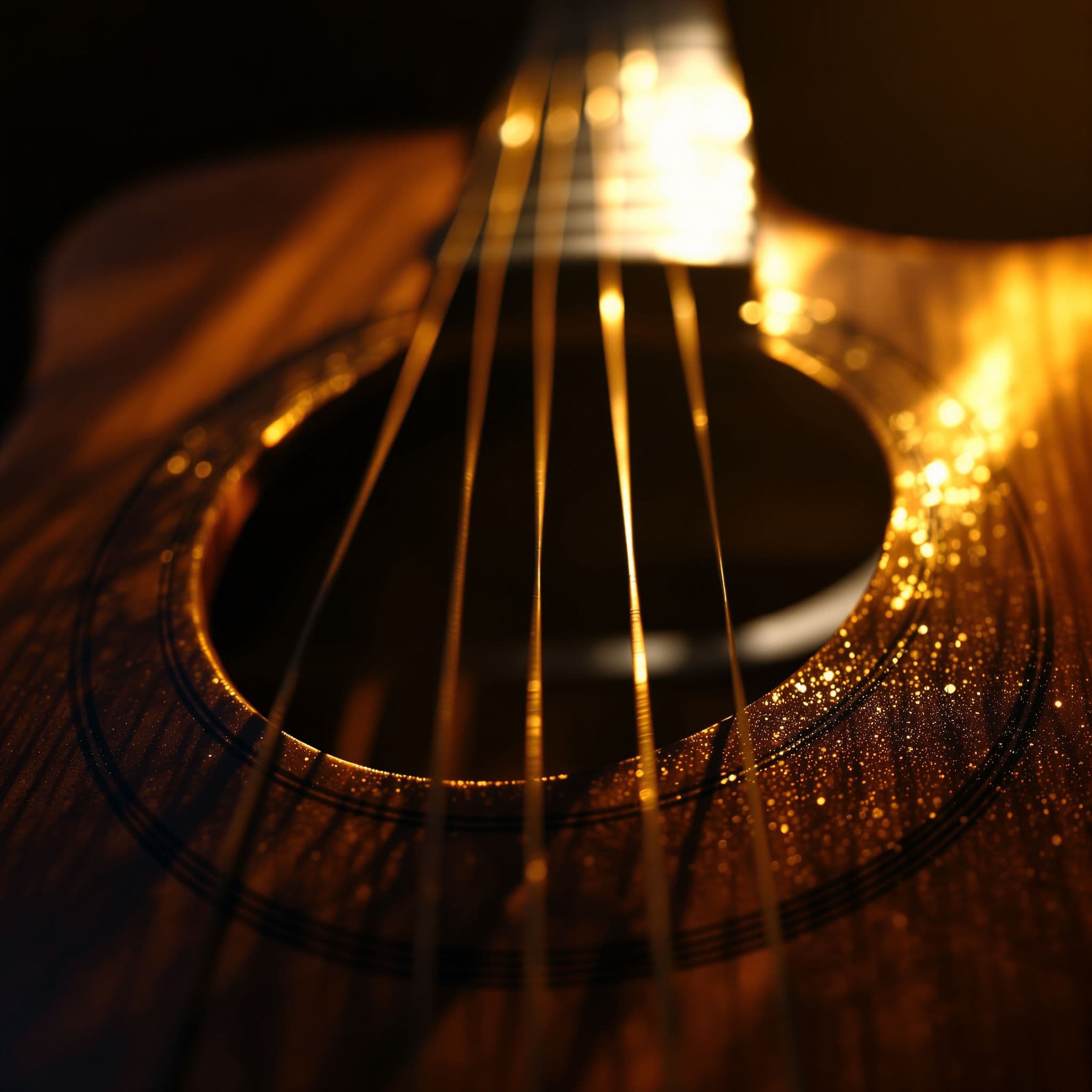 Country AI Album Cover — A close-up, photorealistic image of a five-string acoustic guitar, focusing on the intricate wood grain and shimmering strings; dramatic lighting casts shadows, creating a warm and inviting atmosphere with golden hues; tactile detail brings emotional depth, evoking a sense of nostalgia, 8k resolution, highly detailed, cinematic feel