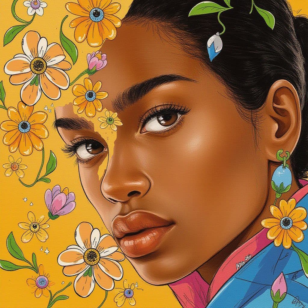 Afrobeat AI Album Cover — A vibrant half-illustration album cover featuring a close-up of a woman's face with intricate, hand-drawn floral elements blending into a realistic background, soft golden lighting, warm earthy tones, depicting emotional connection and intimacy, highly detailed, TOK aesthetic, 8K quality